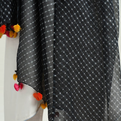 Black - Leheriya Tie-Dye Mothra Kota Doria Cotton Dupatta with Tassels 24