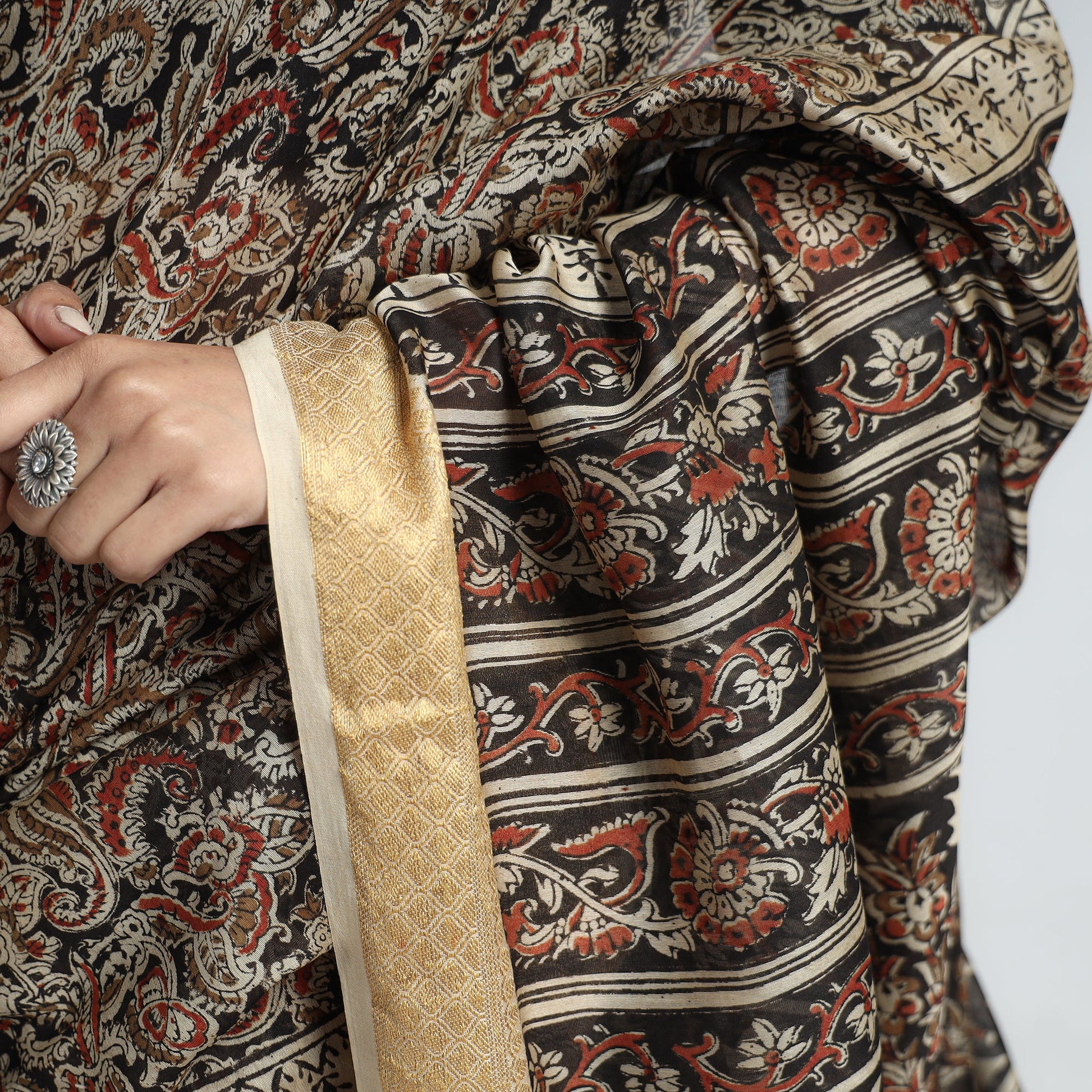 Black - Original Pedana Kalamkari Block Print Silk Saree
