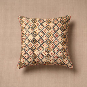 Beige - Block Print Cotton Kalamkari Cushion Cover (16 x 16 in)