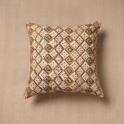 Beige - Block Print Cotton Kalamkari Cushion Cover (16 x 16 in)