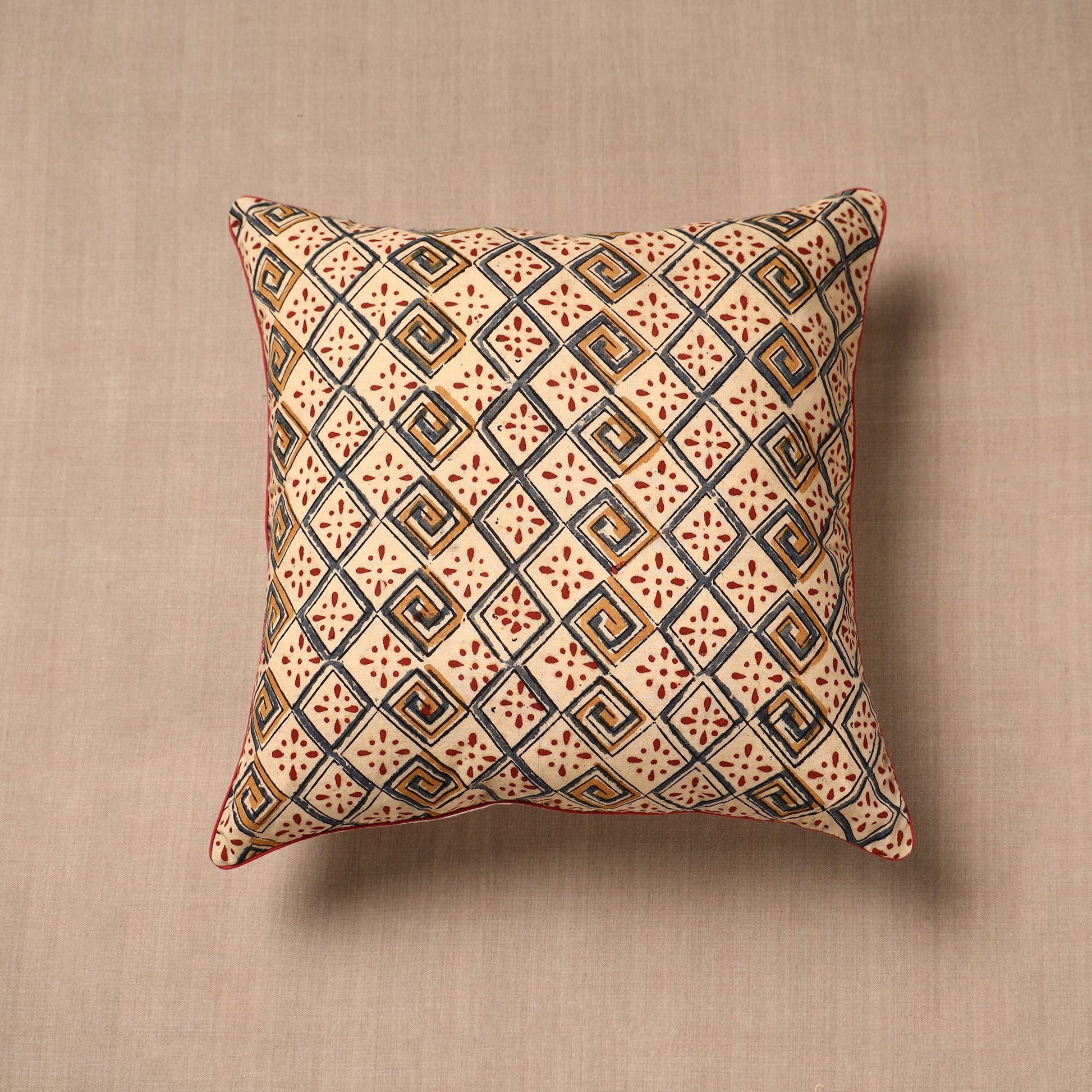 Beige - Block Print Cotton Kalamkari Cushion Cover (16 x 16 in)