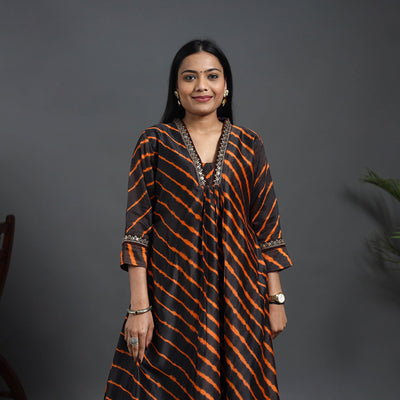 Black - Chanderi Silk A-Line Lacework Tie-Dye Leheriya Kurta 07