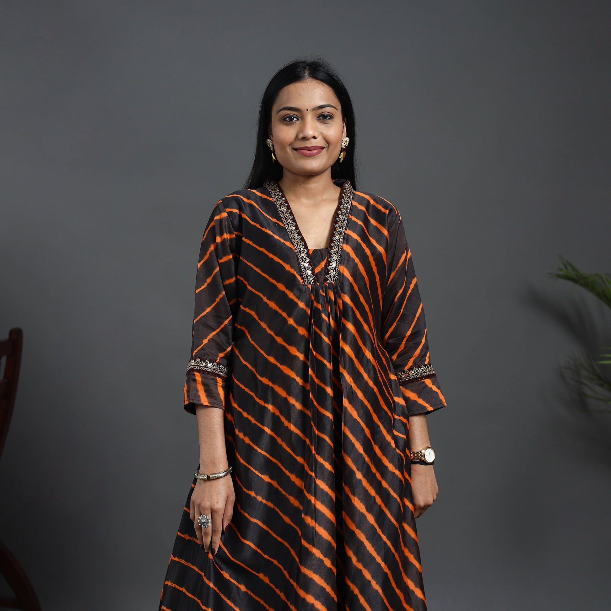 Black - Chanderi Silk A-Line Lacework Tie-Dye Leheriya Kurta 07