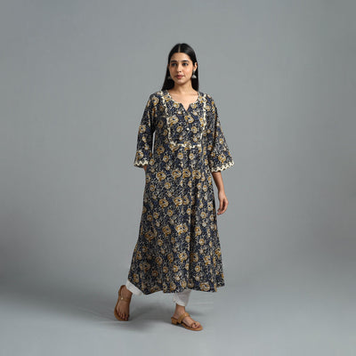 Blue - Block Printed Cotton A-Line Bagru Kurta 15