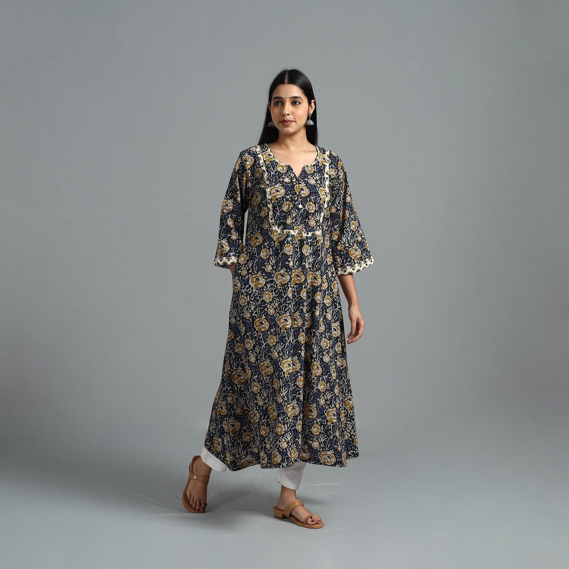 Blue - Block Printed Cotton A-Line Bagru Kurta 15