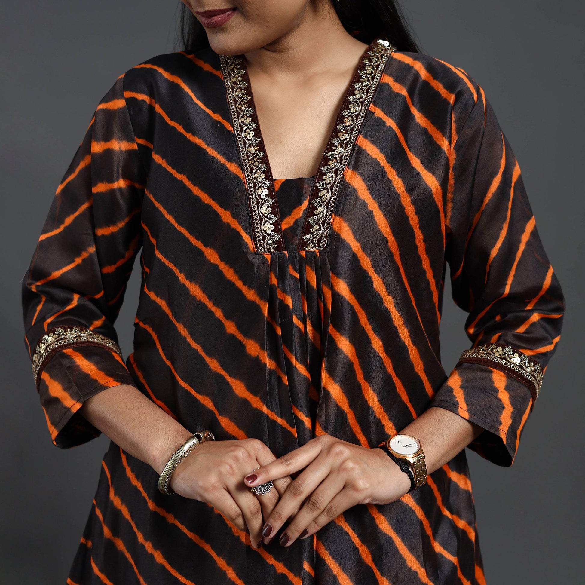 Black - Chanderi Silk A-Line Lacework Tie-Dye Leheriya Kurta 07