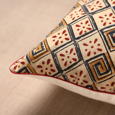 Beige - Block Print Cotton Kalamkari Cushion Cover (16 x 16 in)