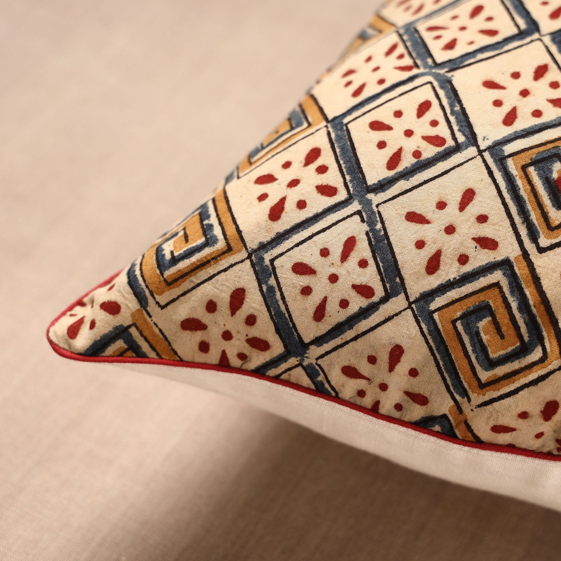 Beige - Block Print Cotton Kalamkari Cushion Cover (16 x 16 in)