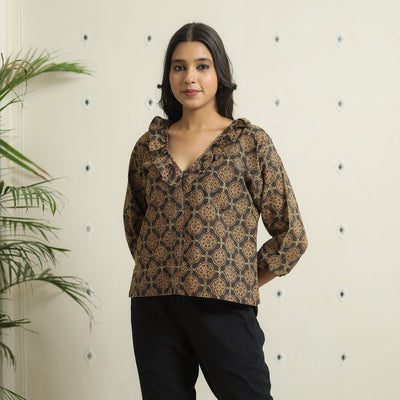 Brown - Ajrakh Block Printed Cotton Crop Top 02