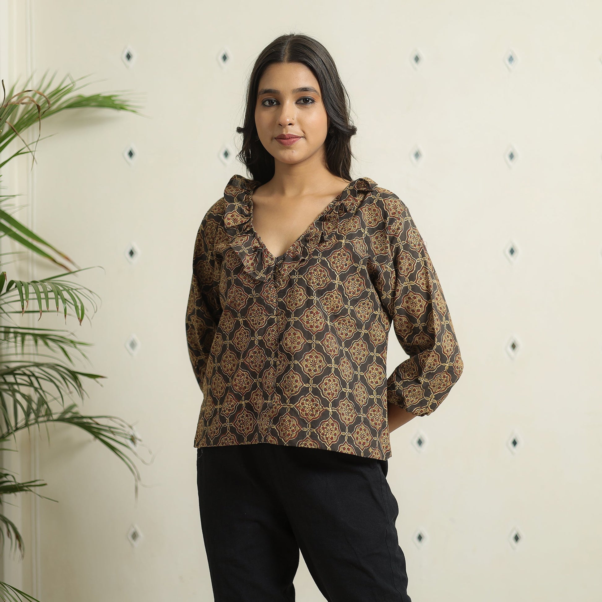 Brown - Ajrakh Block Printed Cotton Crop Top 02