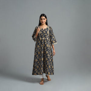 Blue - Block Printed Cotton A-Line Bagru Kurta 15