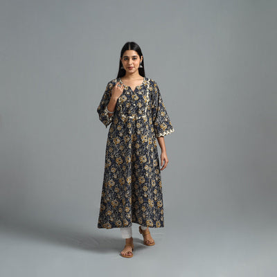 Blue - Block Printed Cotton A-Line Bagru Kurta 15