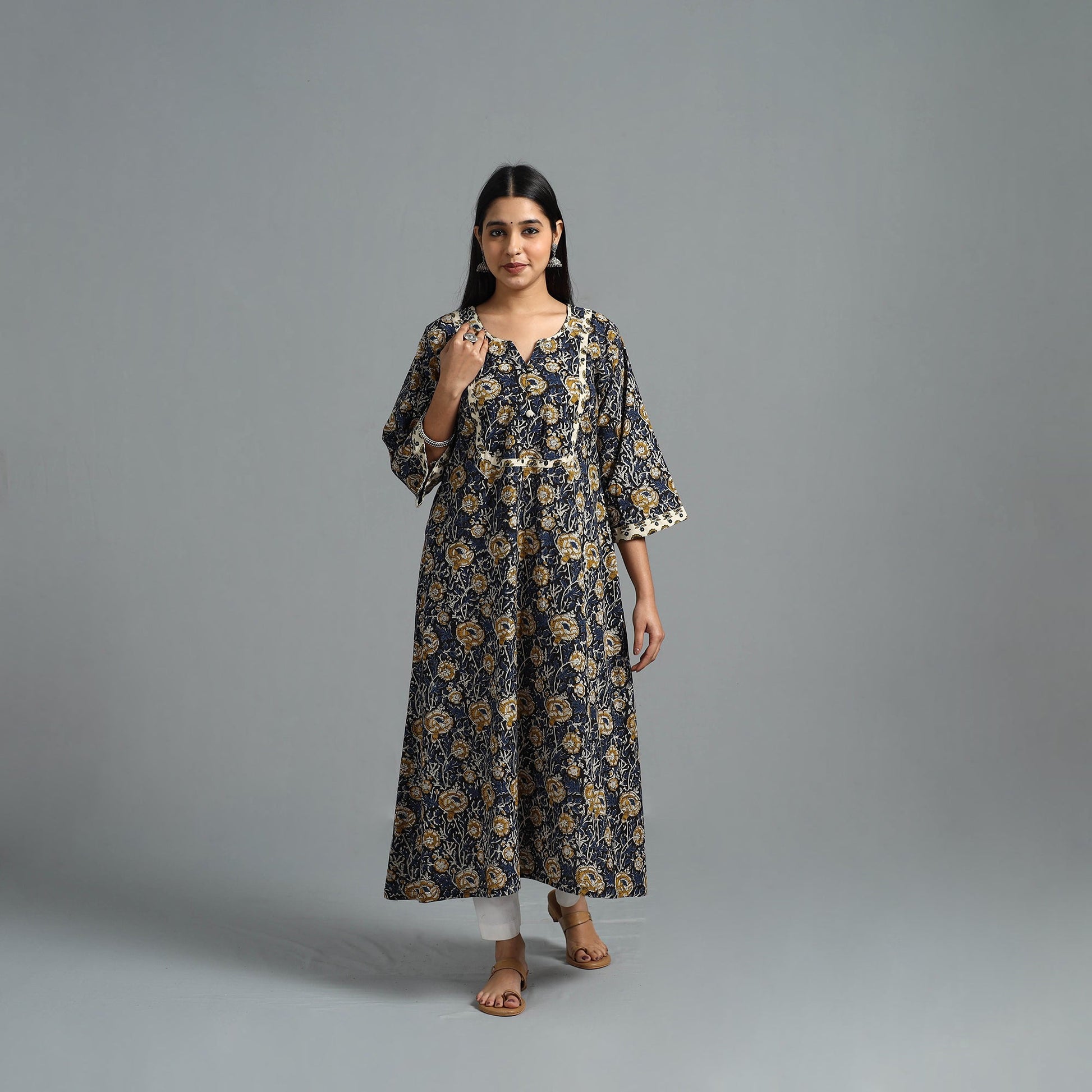 Blue - Block Printed Cotton A-Line Bagru Kurta 15