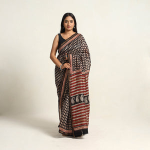 Black - Bagru Print Chanderi Silk-Cotton Saree with Zari Border 18