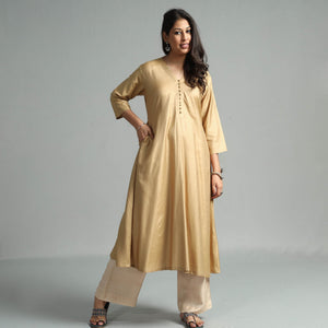 Beige - Ochre Tussar Silk Plain Kurta