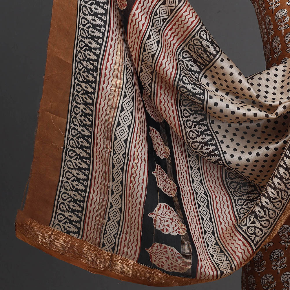 Brown - 3pc Maheshwari Silk Bagru Print Dress Material 17
