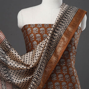 Brown - 3pc Maheshwari Silk Bagru Print Dress Material 17