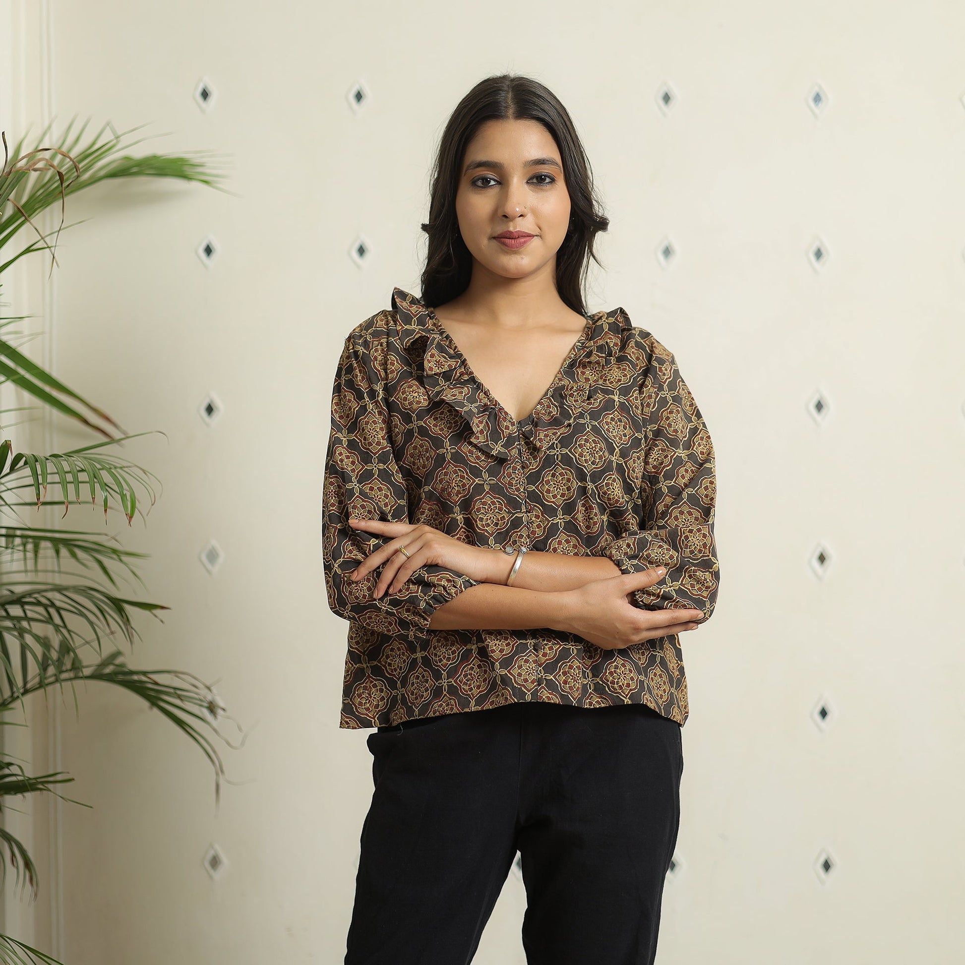Brown - Ajrakh Block Printed Cotton Crop Top 02