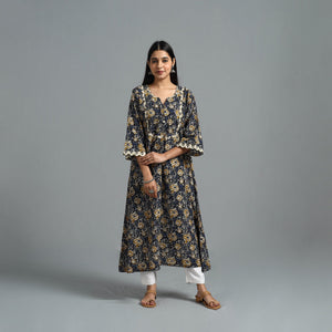 Blue - Block Printed Cotton A-Line Bagru Kurta 15