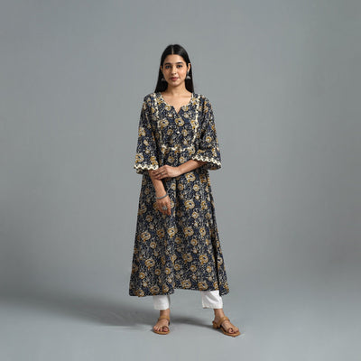 Blue - Block Printed Cotton A-Line Bagru Kurta 15