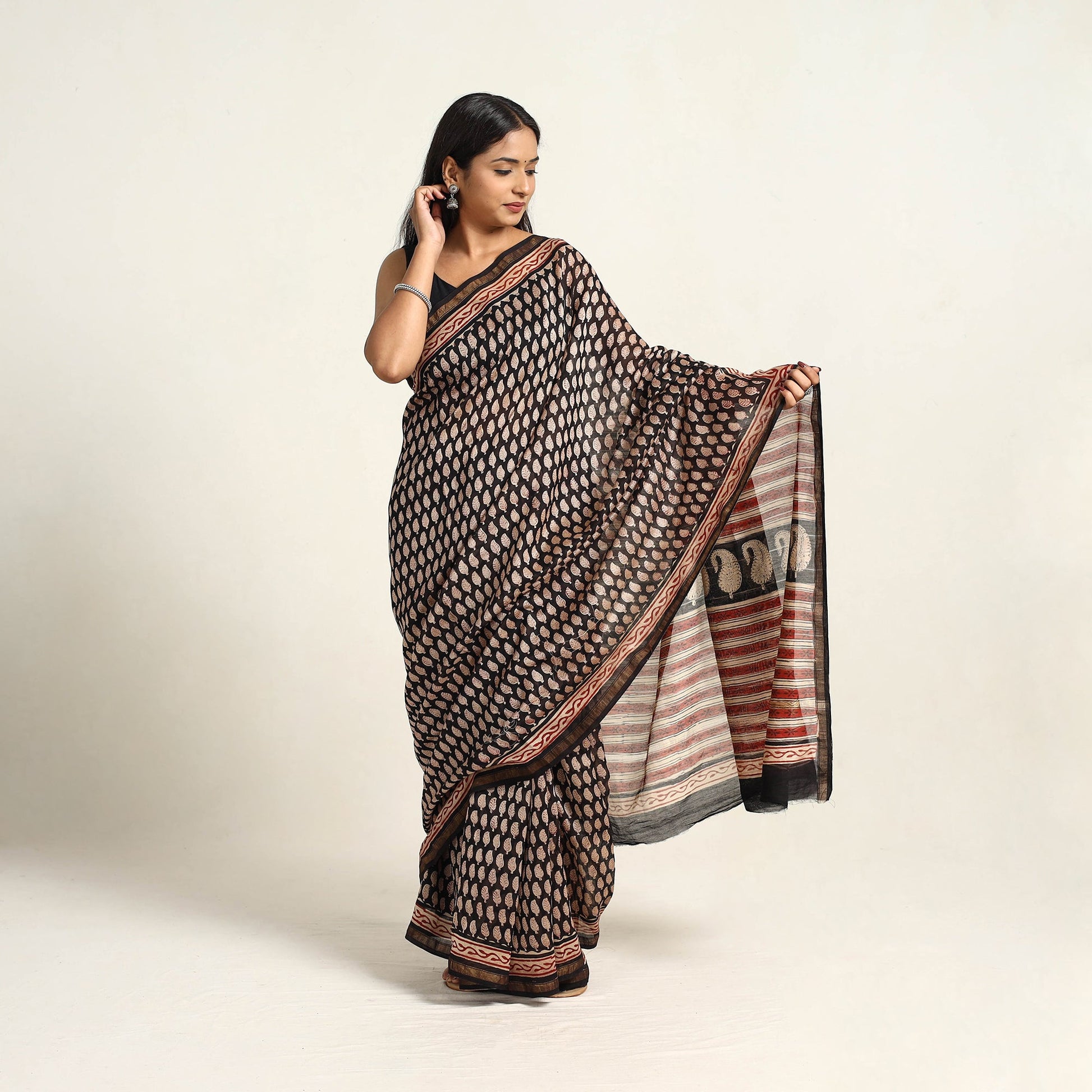 Black - Bagru Print Chanderi Silk-Cotton Saree with Zari Border 18