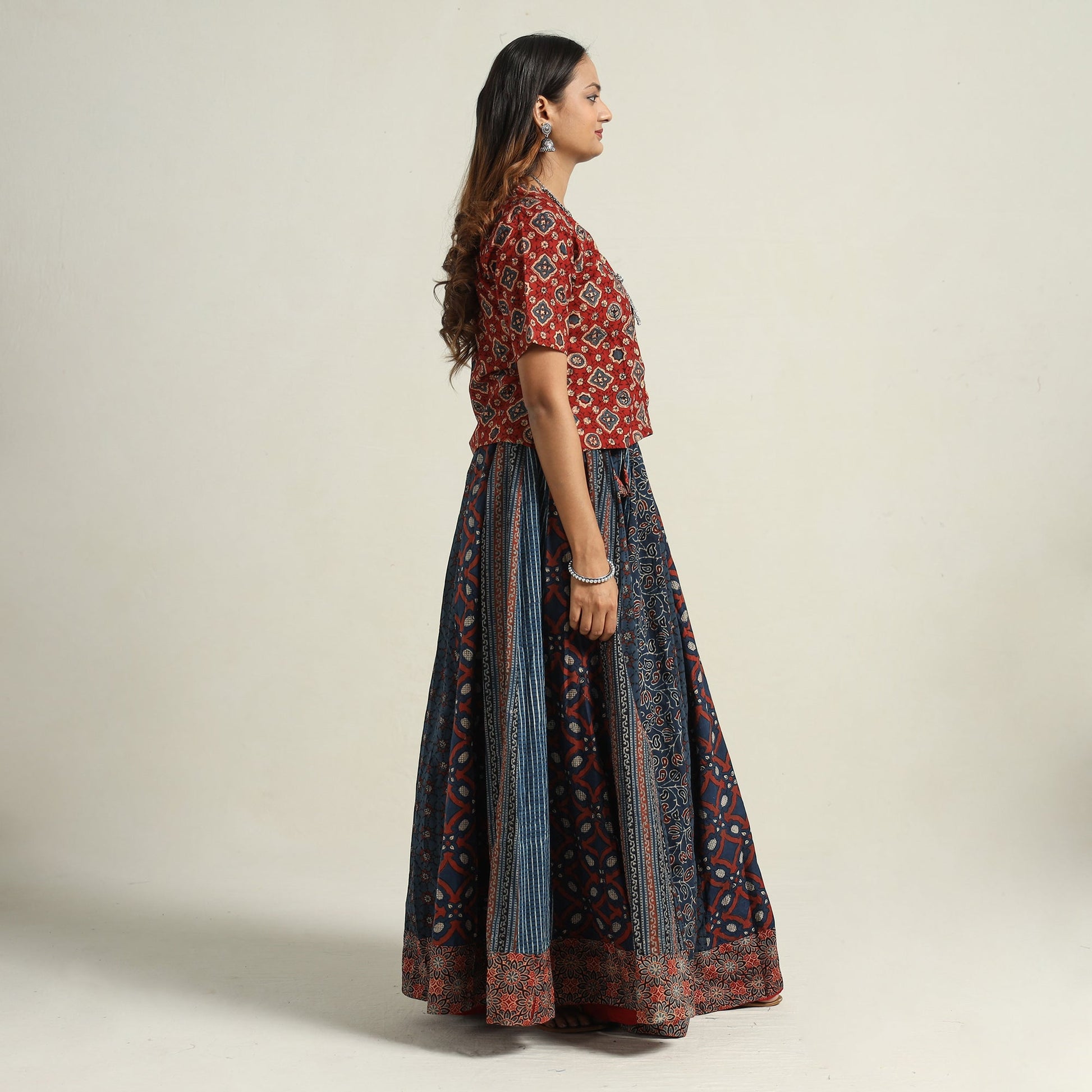 Blue - Ajrakh Block Printed 24 Kali Patchwork Cotton Long Skirt 35
