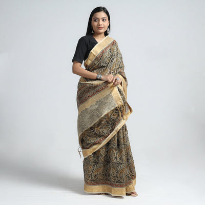 Brown - Original Pedana Kalamkari Block Print Silk Saree