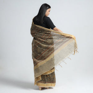 Brown - Original Pedana Kalamkari Block Print Silk Saree