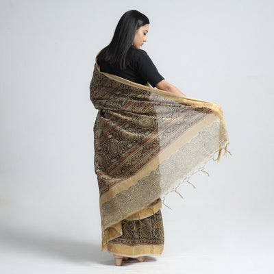 Brown - Original Pedana Kalamkari Block Print Silk Saree