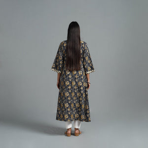 Blue - Block Printed Cotton A-Line Bagru Kurta 15