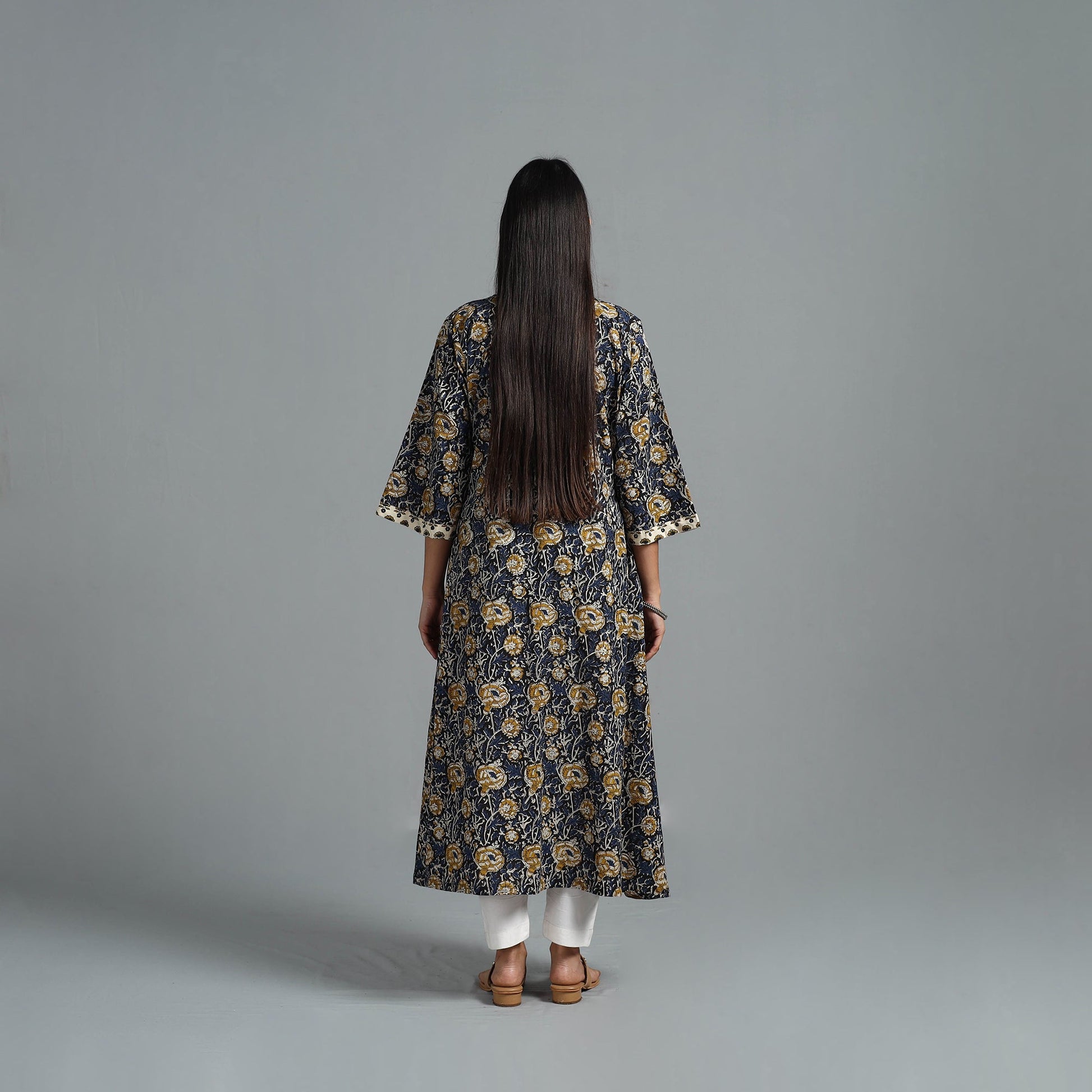 Blue - Block Printed Cotton A-Line Bagru Kurta 15