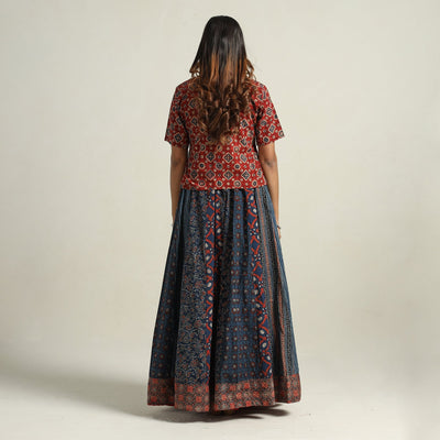 Blue - Ajrakh Block Printed 24 Kali Patchwork Cotton Long Skirt 35