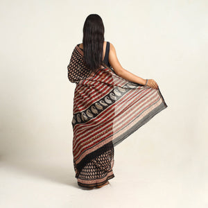 Black - Bagru Print Chanderi Silk-Cotton Saree with Zari Border 18