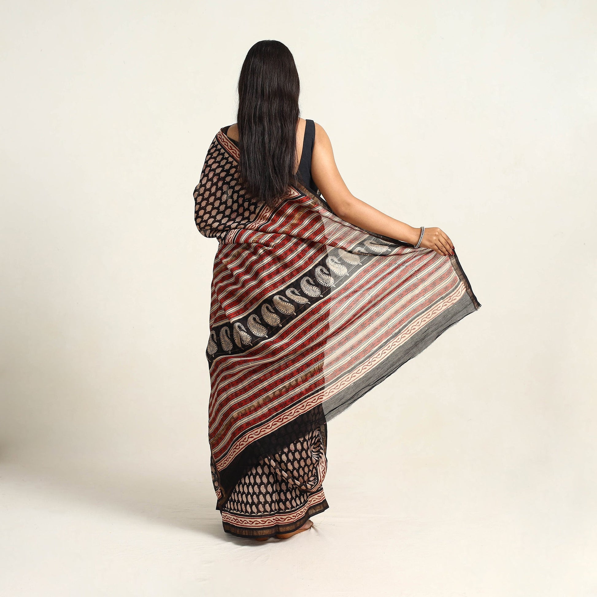 Black - Bagru Print Chanderi Silk-Cotton Saree with Zari Border 18