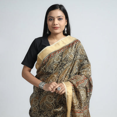Brown - Original Pedana Kalamkari Block Print Silk Saree