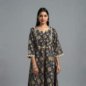 Blue - Block Printed Cotton A-Line Bagru Kurta 15