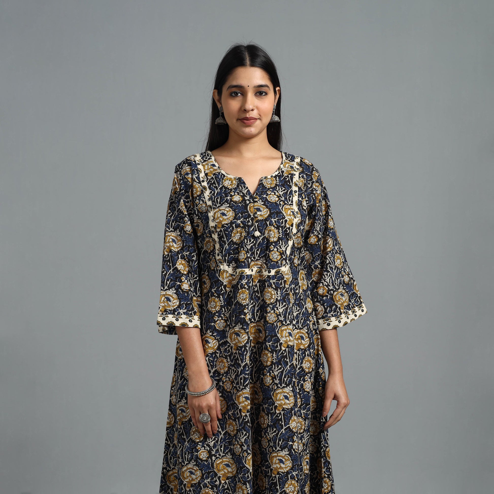 Blue - Block Printed Cotton A-Line Bagru Kurta 15