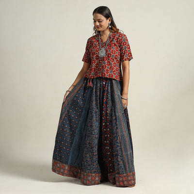 Blue - Ajrakh Block Printed 24 Kali Patchwork Cotton Long Skirt 35