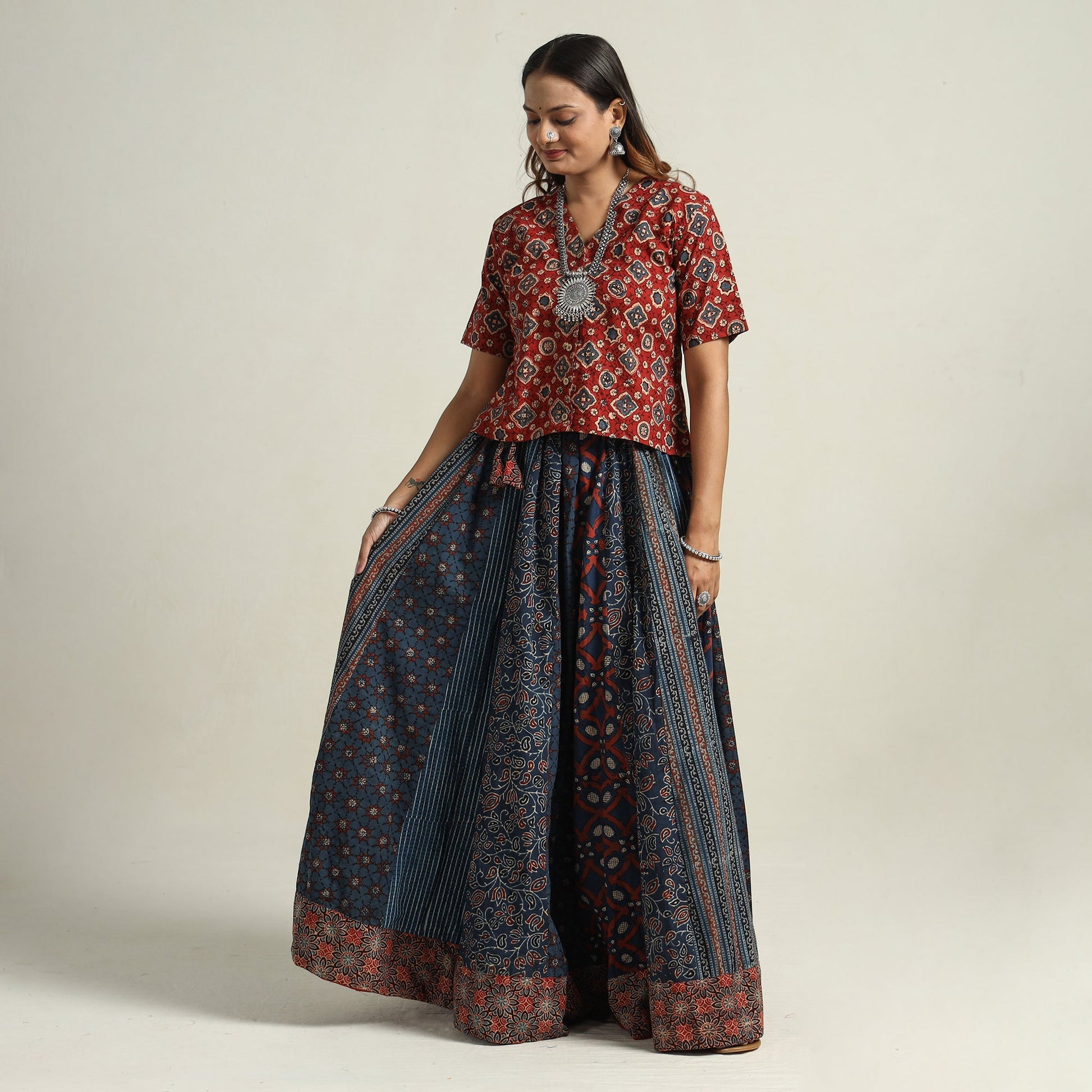 Blue - Ajrakh Block Printed 24 Kali Patchwork Cotton Long Skirt 35