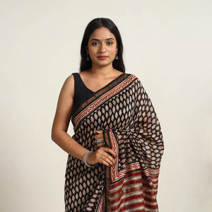 Black - Bagru Print Chanderi Silk-Cotton Saree with Zari Border 18