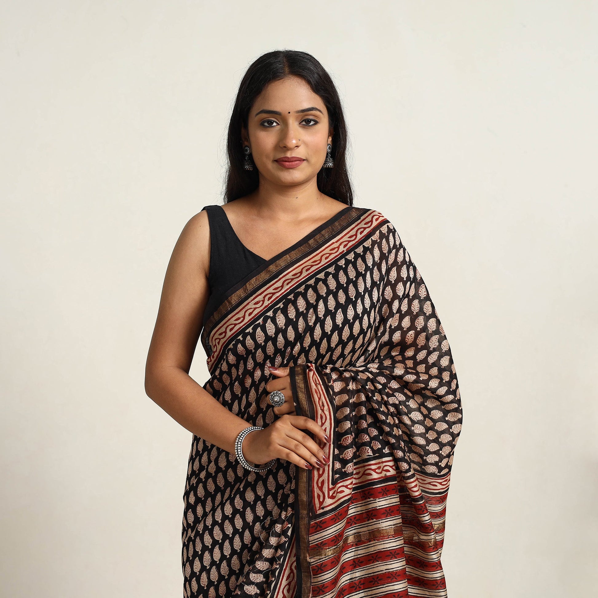 Black - Bagru Print Chanderi Silk-Cotton Saree with Zari Border 18