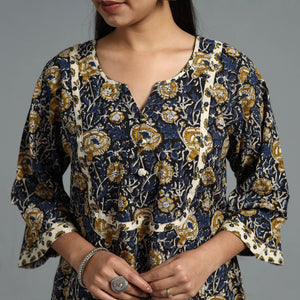 Blue - Block Printed Cotton A-Line Bagru Kurta 15
