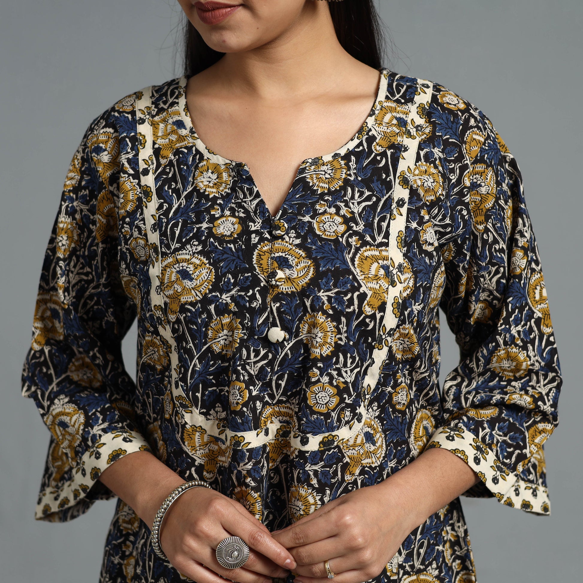 Blue - Block Printed Cotton A-Line Bagru Kurta 15