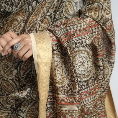 Brown - Original Pedana Kalamkari Block Print Silk Saree