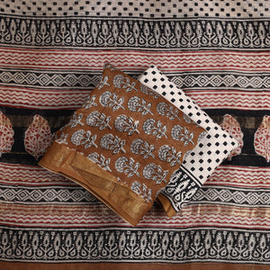 Brown - 3pc Maheshwari Silk Bagru Print Dress Material 17
