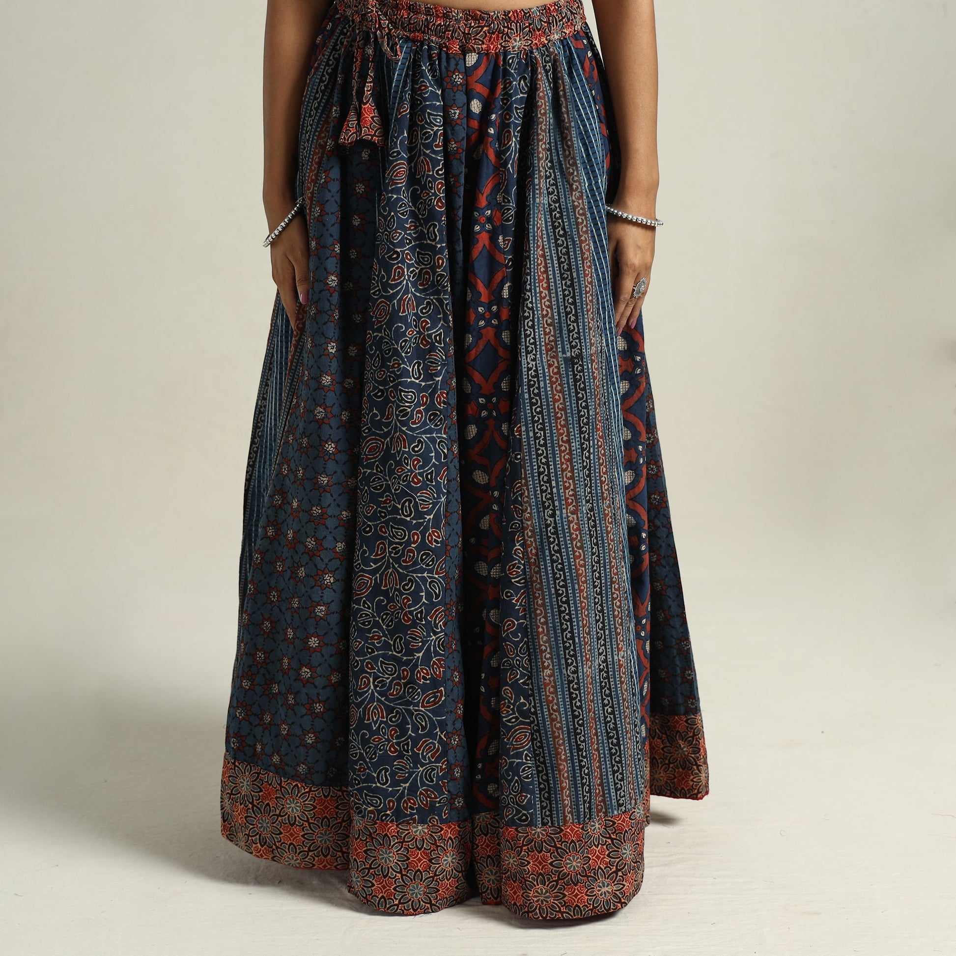 Blue - Ajrakh Block Printed 24 Kali Patchwork Cotton Long Skirt 35