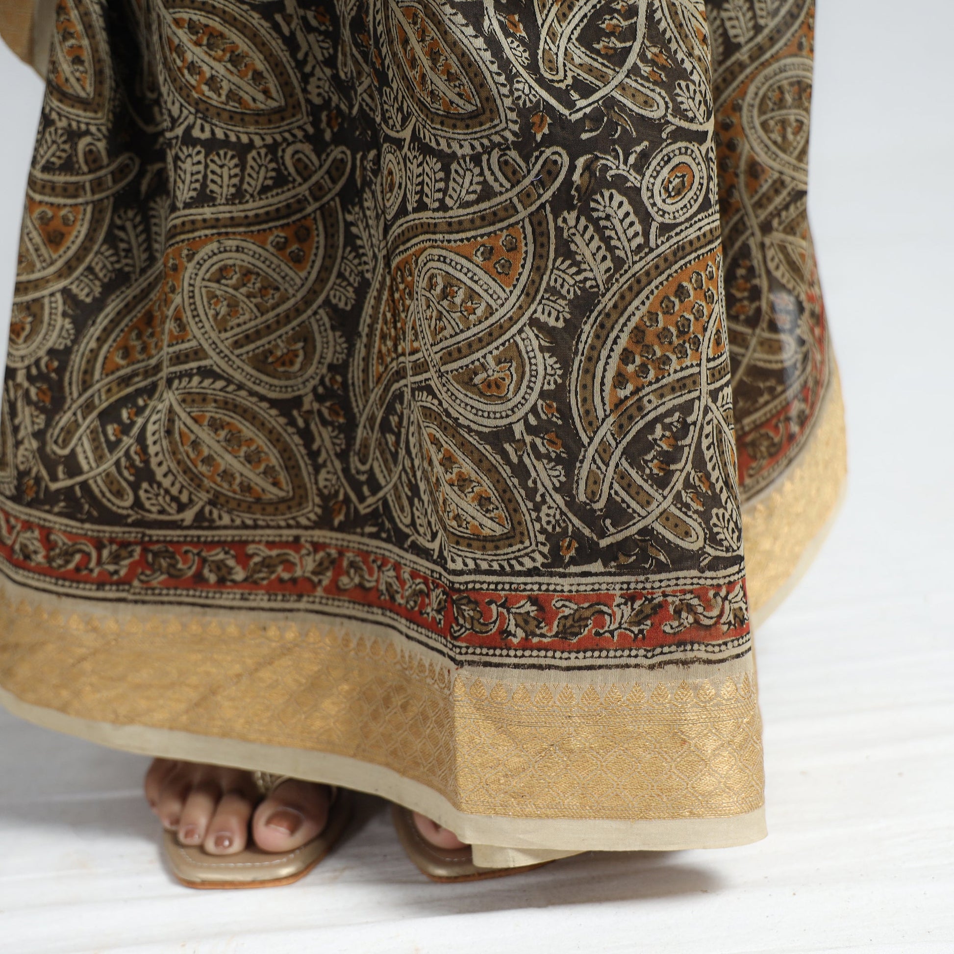 Brown - Original Pedana Kalamkari Block Print Silk Saree