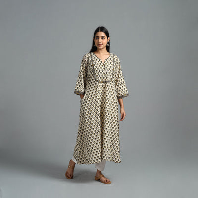 Beige - Block Printed Cotton A-Line Bagru Kurta 13