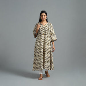 Beige - Block Printed Cotton A-Line Bagru Kurta 13
