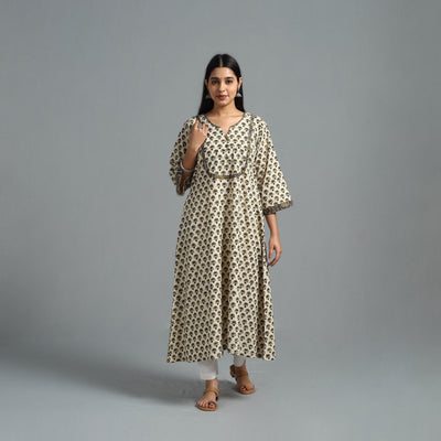 Beige - Block Printed Cotton A-Line Bagru Kurta 13